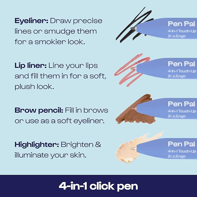 Alleyoop Pen Pal 4-in-1 Makeup Pen - Comes with Eyeliner, Highlighter, Lip Liner, and Eyebrow Pencil - Touch Up On the Go - Cruelty-Free, Vegan (In A Rouge (Light))-VivaGrace Women