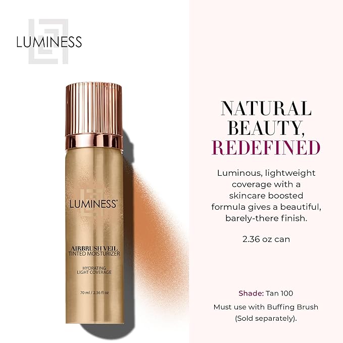 LUMINESS Airbrush Veil Tinted Moisturizer, Tan 100 - Lightweight, Hydrating, & Skin-Plumping Face Moisturizer Spray - Facial Skin Tint with Hyaluronic Acid Ceramides, Glycerin, Aloe & Hydrolyzed Silk-VivaGrace Women