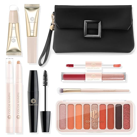 Color Nymph All In One Makeup Kit For Teens And Girls With Waterproof Handbag Makeup Kit Included 9 Colors Matte And Pearl Eyeshadow Palette Liquid Blush, Double Ended Lipgloss Concealer Brush Mascara-VivaGrace Women