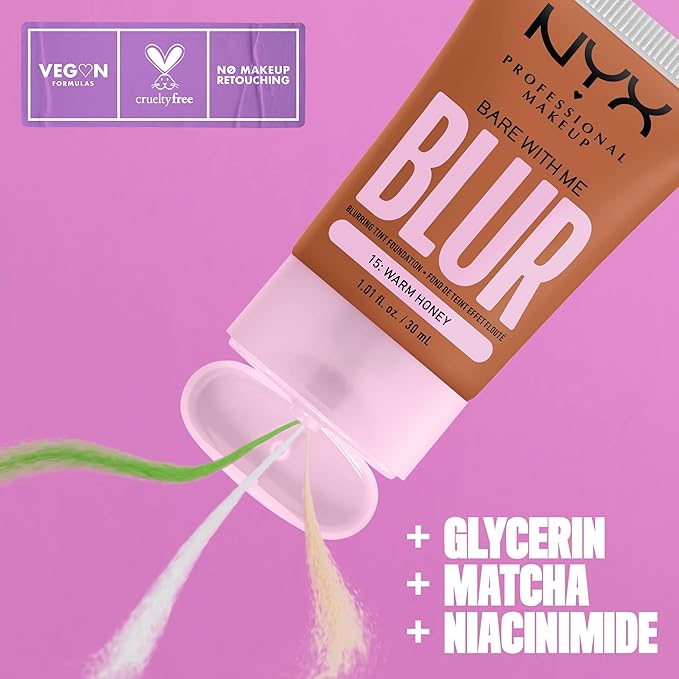 NYX PROFESSIONAL MAKEUP Bare With Me Blur Skin Tint Foundation Make Up with Matcha, Glycerin & Niacinamide - Warm Honey-VivaGrace Women