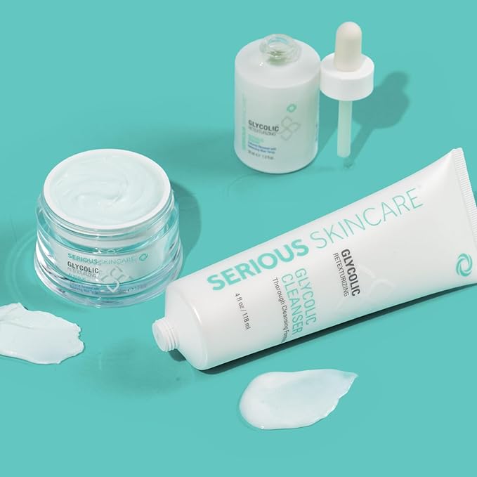 Serious Skincare Glycolic Skin Renewal Set - Retexturizing Serum - Facial Moisture Cream - Face Wash Cleanser - Balancing Blue Tansy Extract - Improve Appearance of Lines, Wrinkles and Enlarged Pores-VivaGrace Women