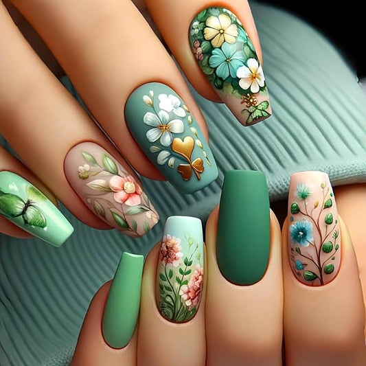 Flower Press on Nails Medium Coffin Fake Nails Spring Floral False Nails Green Glue on Nails Artificial Acrylic Nails Green Coffin Reusable Flower Nails for Women Girls