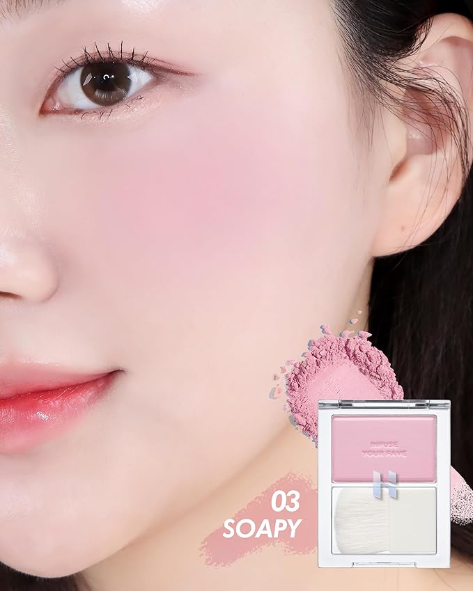 HOLIKA HOLIKA Infusing Blush with Brush - Lightweight, Smooth, Blendable Cheek Blusher, Sebum-Control, Natural Pore Coverage, Built-In Brush, Long-Lasting Pigment for Romantic Mood (03 SOAPY)-VivaGrace Women