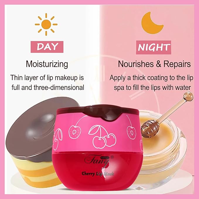 1 PCS Bee Lip Balm Lip Mask Honey Pot, Cherry Moisturizing Sleeping Lip Mask Overnight with Sticks, Lip Balm Honey Pot Lip Balm Hydrating Prevention Dry and Crack Lip Scrubs Exfoliator-VivaGrace Women