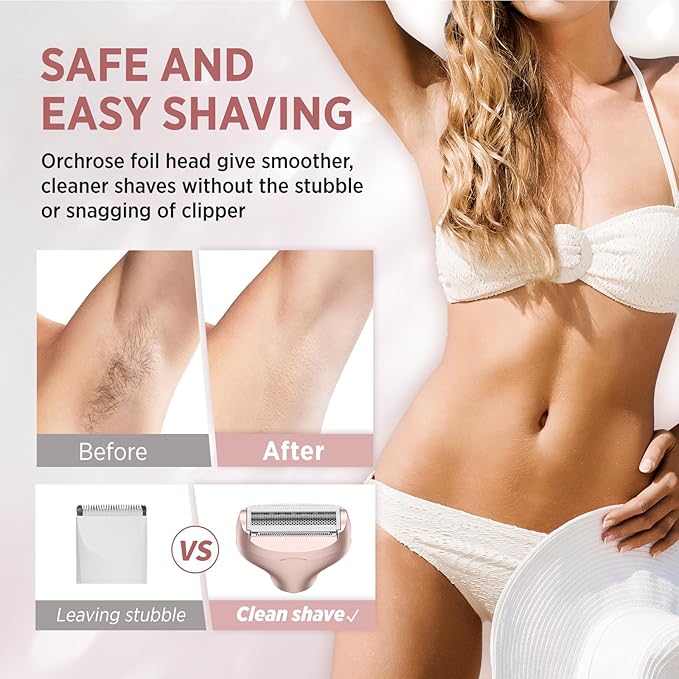 Electric Razor for Women Body: Rechargeable Painless Electric Shaver for Bikini Face Body Legs Underarms - 3-in-1 Blade and Rotary Shaving Head (Rose Gold)-VivaGrace Women
