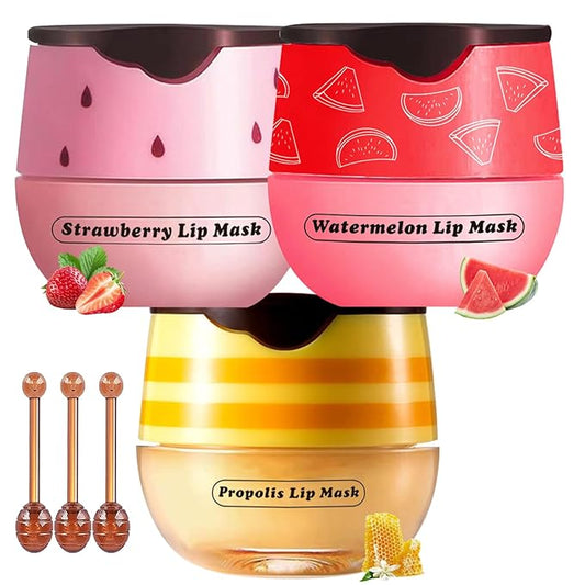 Honey Lip Balm Pot, 3 Pcs Honey & Strawberry & Watermelon Lip Mask Propolis Lip Mask Moisturizing Hydrating Prevention Dry and Cracked Lip Scrubs Exfoliator-VivaGrace Women