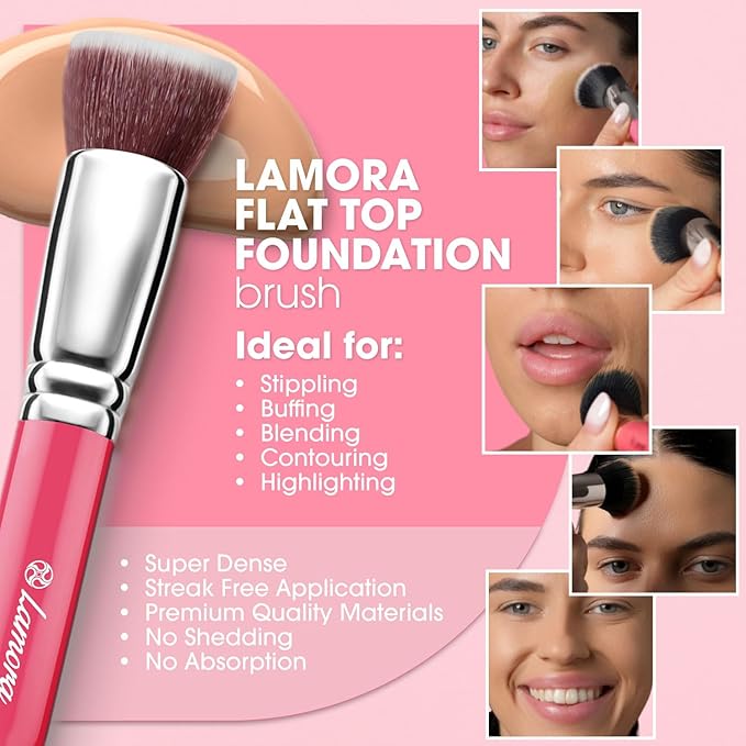LAMORA Foundation Brush for Liquid Makeup - Kabuki Face Brush for Cream, Powder, Blush, and Concealer - Flat Top Blending, Buffing, Stippling Brush-VivaGrace Women