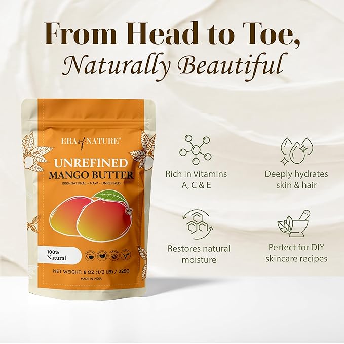 era of nature Organic Unrefined Raw Mango Body Butter Block 8oz - Moisturizing Mango Seed Raw Butter Bar for Skin & Hair, DIY Lip Balm Base, Cream, Soap & Lotion Making Supplies Kit, Personal Skincare-VivaGrace Women