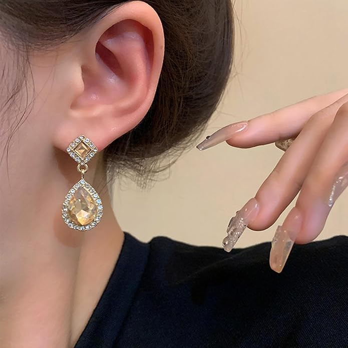 Vintage Crystal Teardrop Earrings Rhinestone Drop Earrings Sparkly Cz Teardrop Dangle Earrings Gold Square Gem Stud Earrings Jewelry for Women-VivaGrace Women