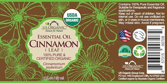 US Organic 100% Pure Cinnamon Leaf Essential Oil - USDA Certified Organic, Steam Distilled - W/Euro Dropper (More Size Variations Available) (30 ml / 1 fl oz)-VivaGrace Women