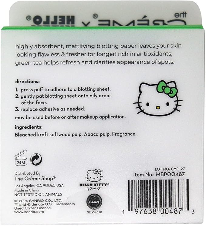The Crème Shop x Hello Kitty Matcha Blotting Papers + Reusable Compact Mirror - Hello Kitty Collaboration for Oil Control and On-the-Go Touch-ups (Matcha Color Ribbon)-VivaGrace Women