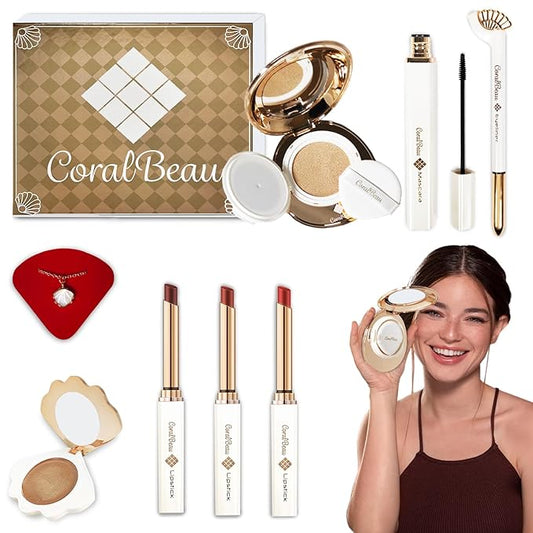 Shell Makeup Set - All in One Makeup Kit for Women with Compact BB Cream Powder, Eyeshadow Palette with Brown Shades, Eye Shadow Brush, Mascara, 3 Lipsticks, Necklace - Make Up Gift Set Box-VivaGrace Women