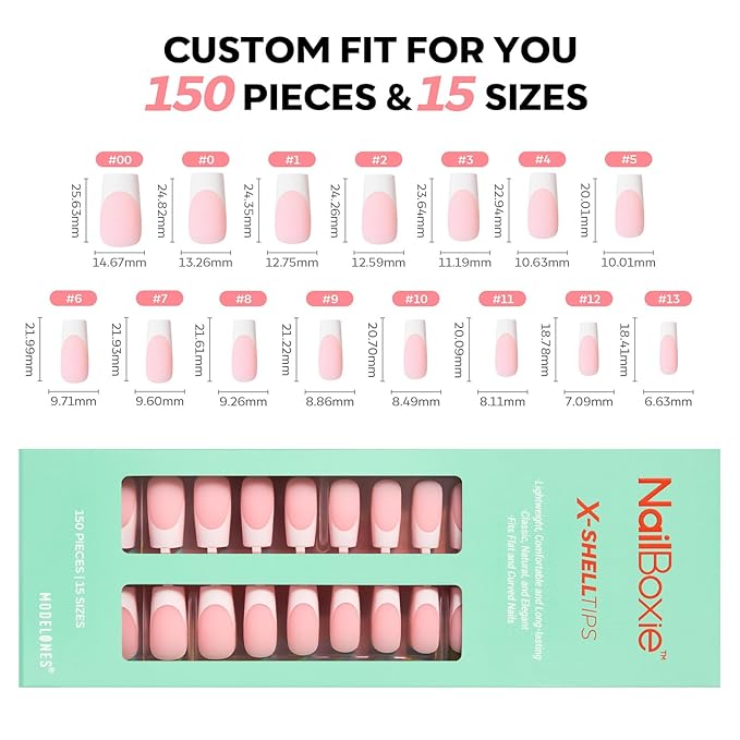 modelones French Tip Press on Nails, 150Pcs Long Square Fake Nails with Nail Box, Pink & White Gel Nail Tips for Women, Soft Glue-On Nails for Natural Salon Look, DIY Nail Art Kit (15 Sizes)-VivaGrace Women