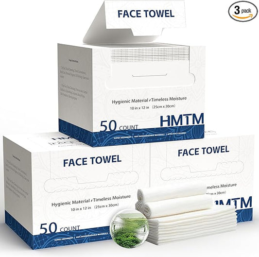 Face Towels, 10” x 12”, Thick Soft and Absorbent, Face Towelettes Disposable Biodegradable for Sensitive Skin, Makeup Remover, Travel, Cleansing, 150 Count（ 3 Pack ）