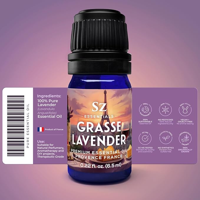 Grasse Lavender Essential Oil - France - Beautiful Floral Lavender Scent with Pine Notes - Lavandula stoechas - 100% Pure & Undiluted - Aromatherapy- Therapeutic Grade & Vegan 0.22 oz-VivaGrace Women