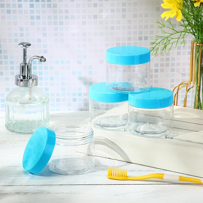 SATINIOR 24 Pieces Empty Clear Plastic Jars with Lids Round Storage Containers Wide Mouth for Beauty Product Cosmetic Cream Lotion Liquid Butter Craft and Food(Blue Lid,2 oz)-VivaGrace Women