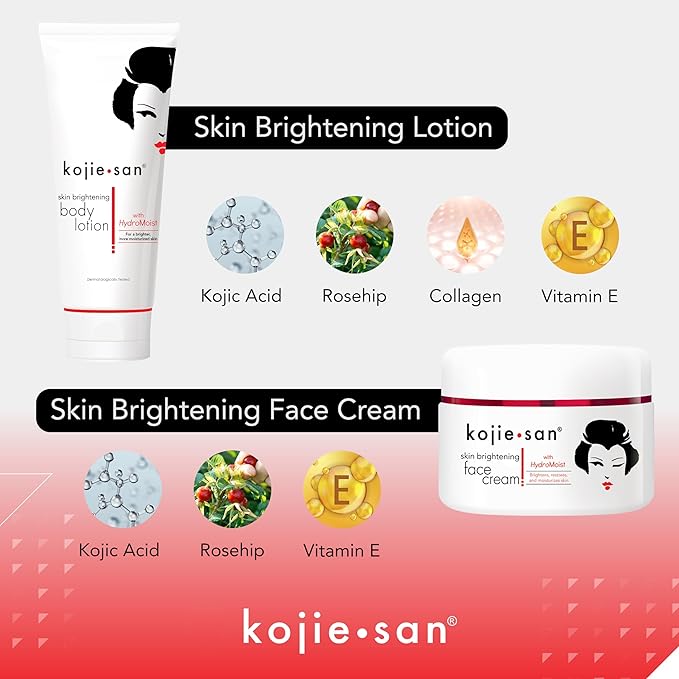 Kojie San Face & Body Complete Brightening Mini Set - 65 Gram x 2 Bars Soap, Body Lotion, Face Cream, and Facial Cleansing Brush-VivaGrace Women