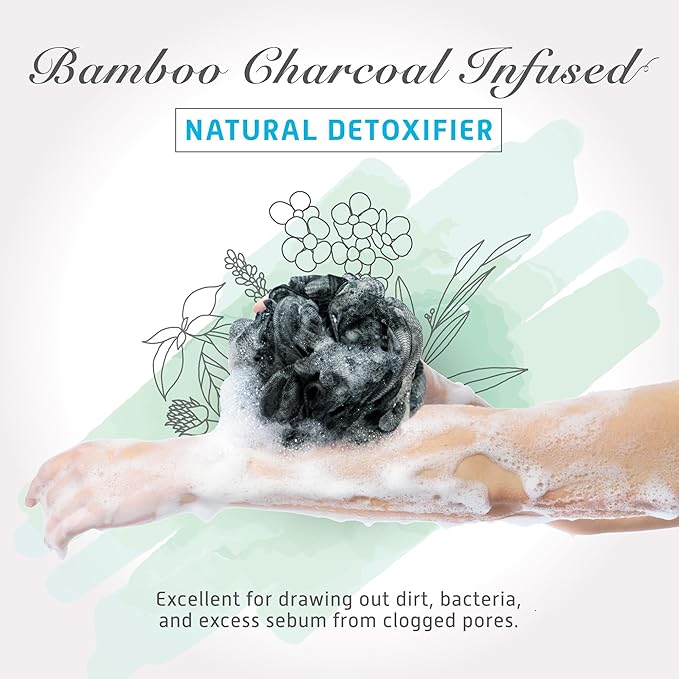 Spongentle Charcoal Bamboo Premium Deep Cleansing Loofah Sponge for Radiant Skin, Pack of 4, Bath and Shower, Exfoliating Body Scrubber, Beautiful Colors for Women and Men-VivaGrace Women