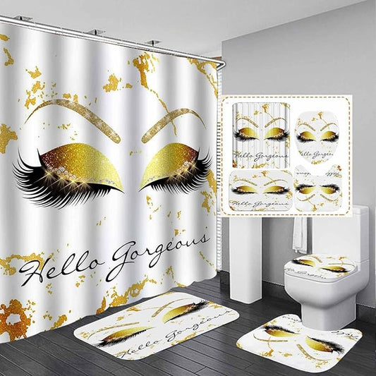 4PCS Hello Gorgeous Unicorn Eyelash Shower Curtain Set with Rugs, Luxury Diamond Gold Glitter Eyebrow Eyeshadow Makeup White Marble Glam Modern Fashion Women Bathroom Decor, Hello Gorgeous-VivaGrace Women