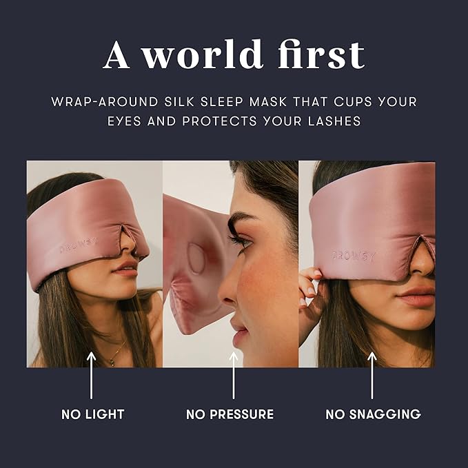 DROWSY Eyelash Protecting Silk Sleep Mask for Natural Lashes & Extensions. Deep Eye Cups, Zero Pressure, Total Blackout, Full Wraparound (Damask Rose)-VivaGrace Women