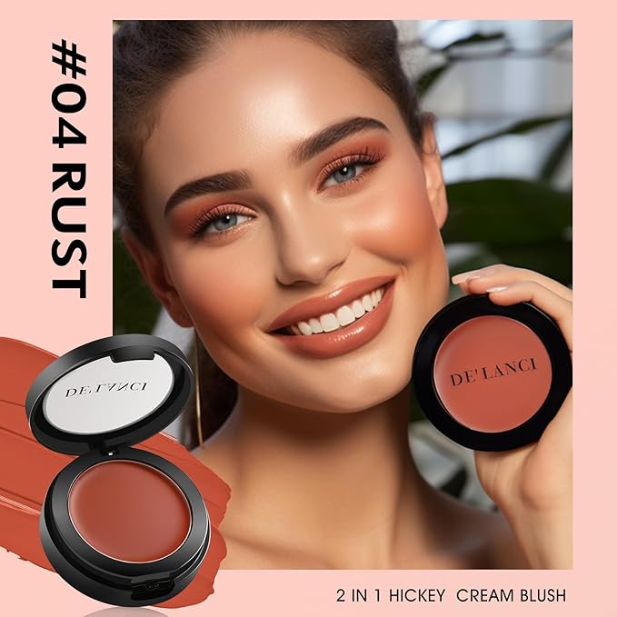 DE'LANCI Flushed Blusher, Glow Finish Korean Blush Natural Looking, Face Cream Blush with Brush Mirror, Long Last Lightweight Blushing for Cheek and Lip Tint,Waterproof Breathable,Tacl Free (RUST 04#)-VivaGrace Women