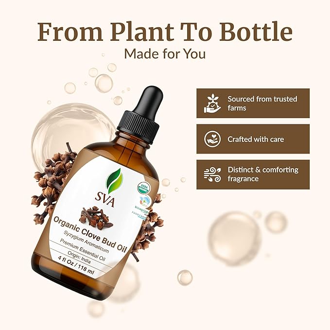 SVA Clove Essential Oil Organic – 4 Fl Oz – 100% Natural Organic Clove Oil - for Diffuser, Hair Care, Face, Skin Care, Aromatherapy, Scalp and Body Massage, Soap and Candle Making - with Dropper-VivaGrace Women