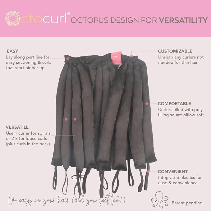 Octocurl Heatless Hair Curler - No Headband Octopus Curler - Overnight Curls for Short Hair (Satin - Black)