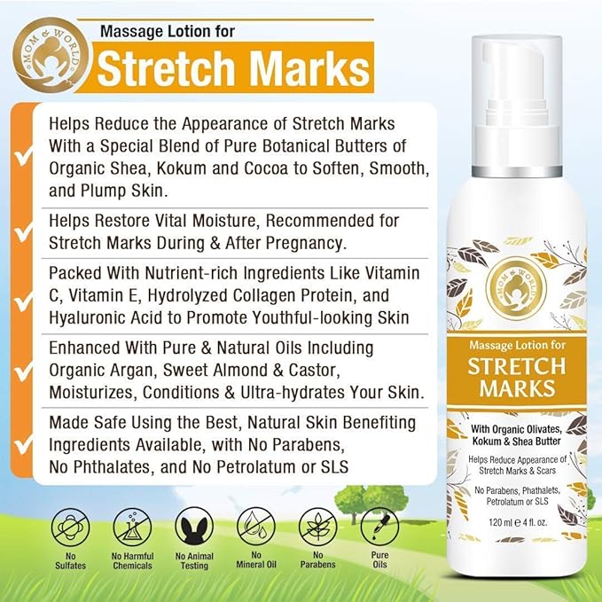 Mom & World Massage Lotion For Stretch Marks -120ml - With Organic Olivates, Kokum & Shea Butter-VivaGrace Women