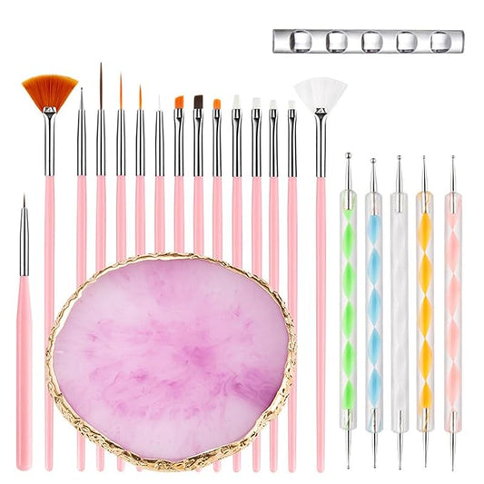 Nail Art Tools 22-piece Set, Resin Nail Art Palette, 2-way Acrylic Silicone Engraving Pen Dotting Pen Tools Nail Art Kit for Nail Art DIY Home Salon Makeup Display Board, pink-VivaGrace Women