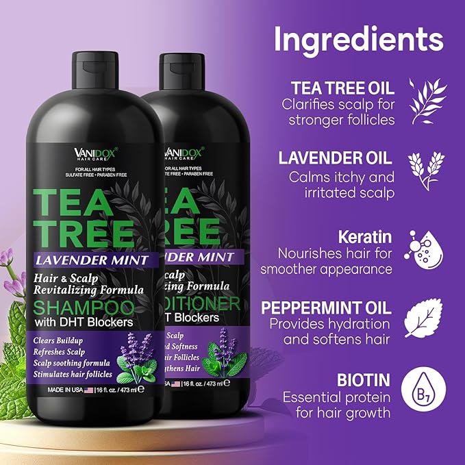 Tea Tree Shampoo and Conditioner Set with Lavender and Mint | DHT Blockers | With 100% Pure Tea Tree Oil for Itchy, Dry Scalp | Sulfate & Paraben Free | For Men & Women | 16 fl oz Each-VivaGrace Women