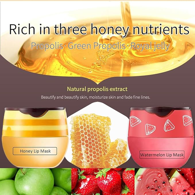 3 PCS Bee Lip Balm Honey Pot, Honey&Strawberry&Watermelon Lip Sleeping Mask Hydrating Prevention Dry and Cracked Lip Scrubs Exfoliator Lip Care, Overnight Lip Mask Reduces Lip Lines-VivaGrace Women
