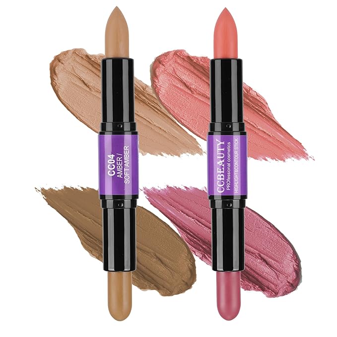 CCbeauty 2pcs 2-IN-1 Matte Contour Concealer Stick Cool Tone with Blush,Cream Blendable Bronzer & Blusher for Cheeks & Lip,Long Lasting & Waterproof Contouring for Face Shaping Makeup,AMBER/SOFT AMBER-VivaGrace Women