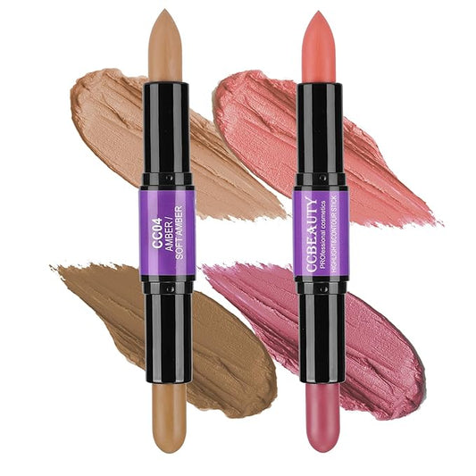 CCbeauty 2pcs 2-IN-1 Matte Contour Concealer Stick Cool Tone with Blush,Cream Blendable Bronzer & Blusher for Cheeks & Lip,Long Lasting & Waterproof Contouring for Face Shaping Makeup,AMBER/SOFT AMBER-VivaGrace Women