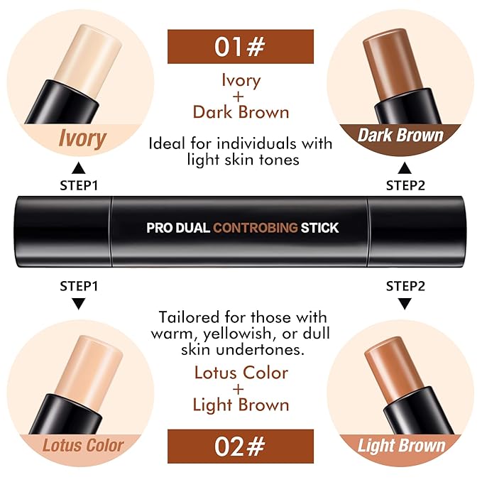 4 Colors Cream Contour, Stick Palette, Contouring Concealer, Stick Primer, Face Makeup Kit for Beginners, Cream Concealer and Highlight Stick(#1+2)-VivaGrace Women