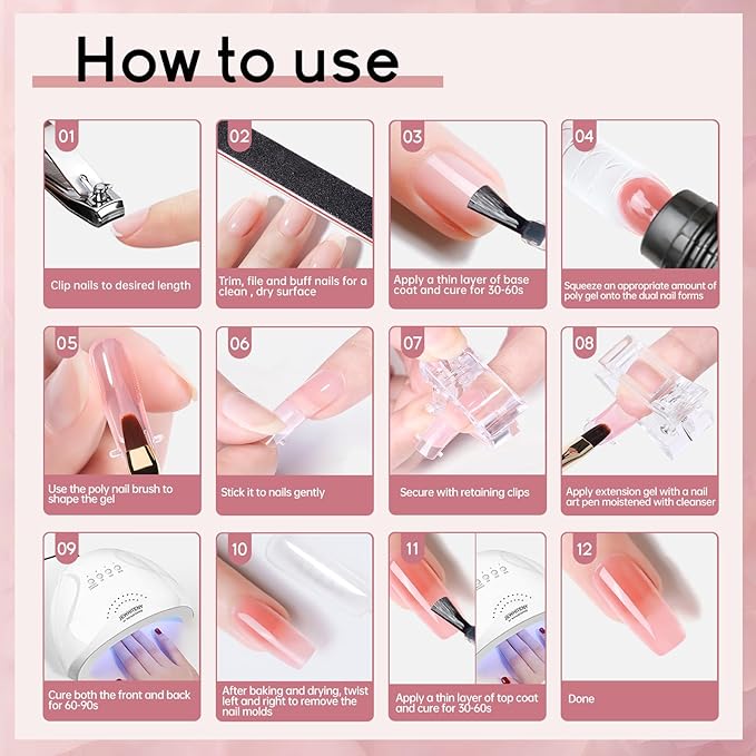 JEWHITENY 14 Colors Poly Extension Gel Nail Kit With U V Lamp Nude Pink White Brown All In One Poly Gel Starter Kit With Base Top Coat Manicure Salon Frence Nail Art DIY-VivaGrace Women