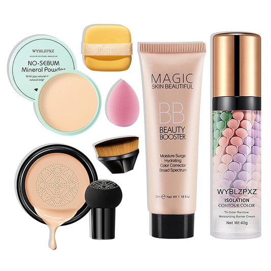Mushroom Head Air Cushion CC Cream + BB Cream + Tri-color Color Corrector Isolation Cream Foundation Set Moisturizing Full Coverage Foundation Concealer Lasting Foundation Makeup Base Primer（7 Pcs）-VivaGrace Women