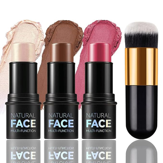 3pcs Face Contour Stick Makeup Set, Highlighter Stick Blush Stick Cream Contour Kit with Brush, Contouring Stick for Fair Skin, Concealer Makeup Stick Gift for Beginner Women Teen Girls-VivaGrace Women