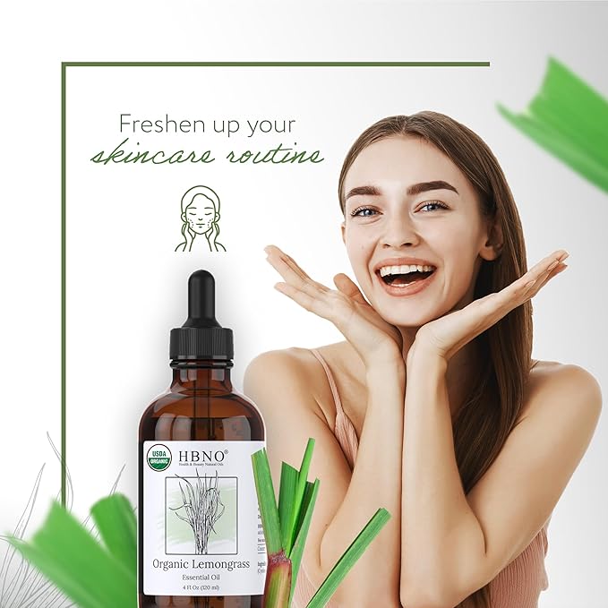 HBNO Organic Lemongrass Essential Oil - Huge 4 oz (120ml) Value Size - USDA Certified Organic Lemongrass Essential Oil, Perfect for Aromatherapy, Soap Making, DIY, Diffuser-VivaGrace Women