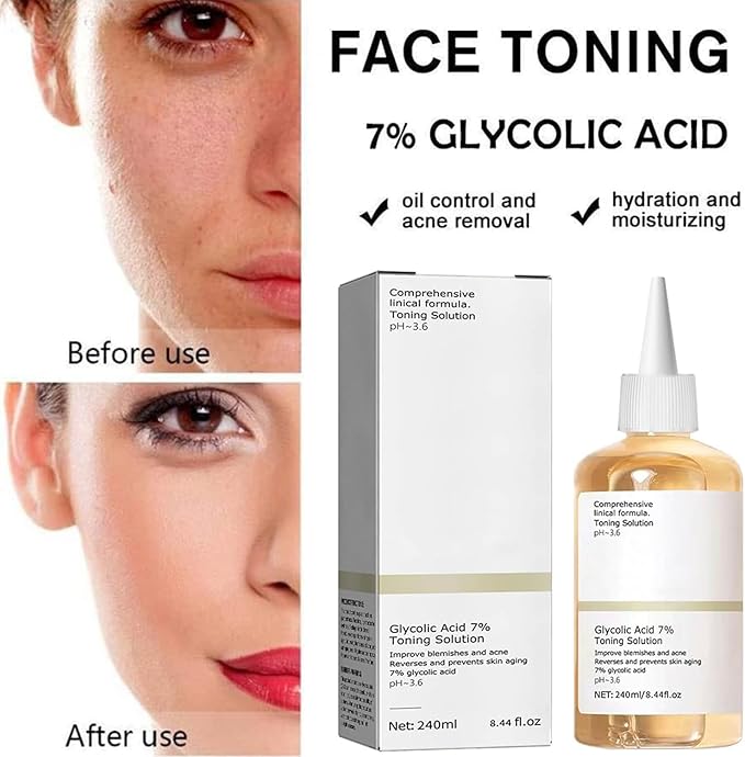 Glycolic Acid Toning Solution, Glycolic Acid 7% Toner, Glycolic Sour 7% Toning, KeepThe Skin Moist, Exfoliating Serum for Face, Facial Exfoliation Astringe Pores (240ML/8.0 Fl Oz)-VivaGrace Women