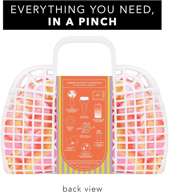 Pinch Provisions Super Summer Jelly Tote, 12 Beach & Poolside Accessories For Beauty, Perfect for Pool & Beach Days, Includes Oil Absorbing Roller, Rechargable Fan, Towel Clips, & Ice Roller-VivaGrace Women