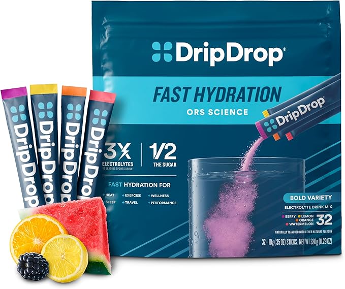 DripDrop Hydration Packets - Bold Variety Pack - Single Serve Electrolytes Powder Drink Mix - Watermelon, Berry, Lemon, Orange - Non-GMO, Gluten Free, Vegan - 32 Sticks-VivaGrace Women