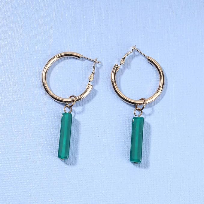 Boho Rectangle Green Jade Earrings Green Marbled Earrings Gold Circle Leverback Dangle Earrings Vintage Circle Hoop Dangle Earrings Jewelry for Women and Girls-VivaGrace Women