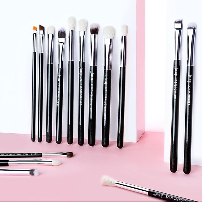 Jessup Eye Makeup Brushes Set Professional 15pcs with Eyeshadow Blending Concealer Eyebrow Eyliner Brush (Pearl Black/Silver)-VivaGrace Women