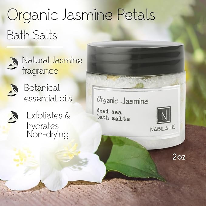 Organic Jasmine Bath Salts by Nabila K - Dead Sea Salt & Epsom Salt Scrub & Soak - Exfoliates & Hydrates Skin, Botanical Essential Oils - Bubble Bath Accessories for All Skins Types, 2 oz-VivaGrace Women