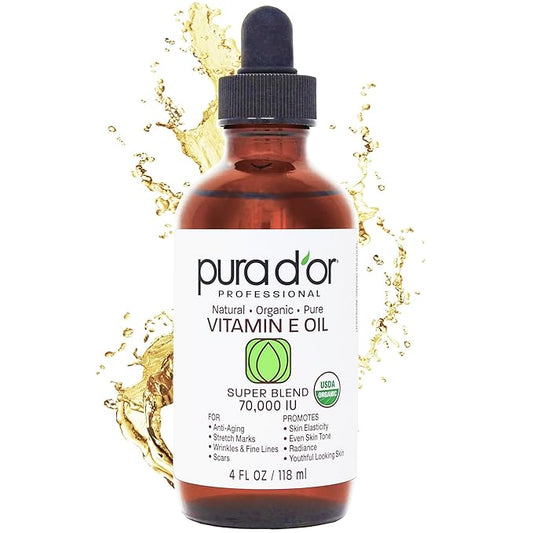 PURA D'OR 4 Oz ORGANIC Vitamin E Oil Blend - 100% Natural Hexane Free, Sweet Almond, Apricot, Jojoba, Argan, Rosehip, Sunflower & Avocado Bath Oil For Scars, Skin, Face & Full Body-VivaGrace Women