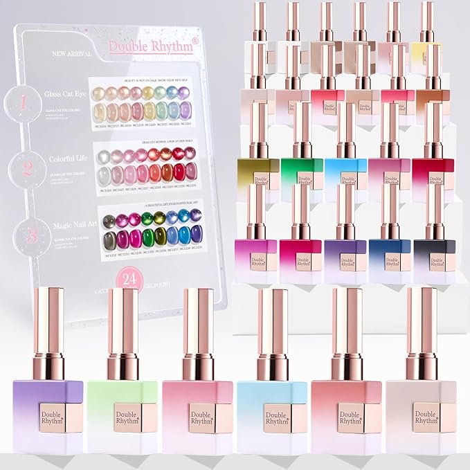Double Rhythm 28Pcs 0.5Oz Glass Cat Eye Gel Nail Polish Set Same Color Same Bottle Soak Off Magnetic Jelly Gel Polish Kit Nail Art Manicure Salon DIY at Home (Nude Pink Blue Green-T24-10)-VivaGrace Women