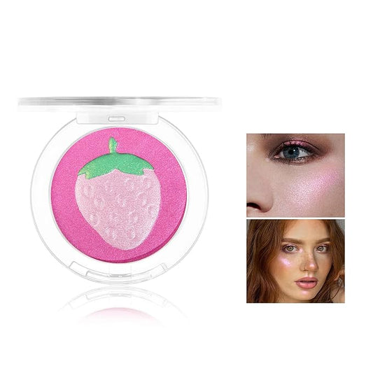 Face Highlighter Makeup Palette, Glossy Glitter Highlight Brightening Contouring Palette Natural Shiny Contour Makeup Illuminator Longlasting Lightweight, Blush&Highlighter (#03 Strawberry)-VivaGrace Women