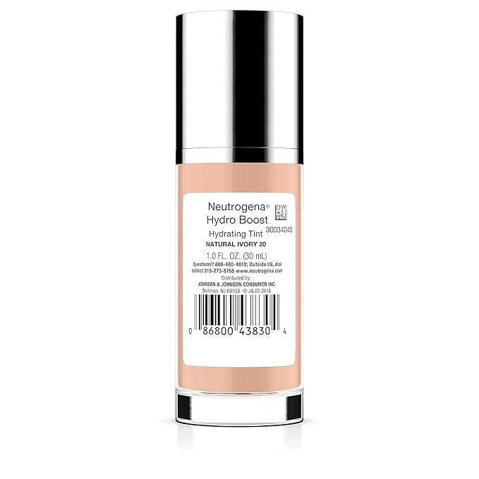 Neutrogena Hydro Boost Hydrating Tint Foundation Makeup for Dry Skin, with Hyaluronic Acid, Lightweight Oil-Free Water Gel, Non-Comedogenic, 20 Natural Ivory, 1.0 fl. oz-VivaGrace Women
