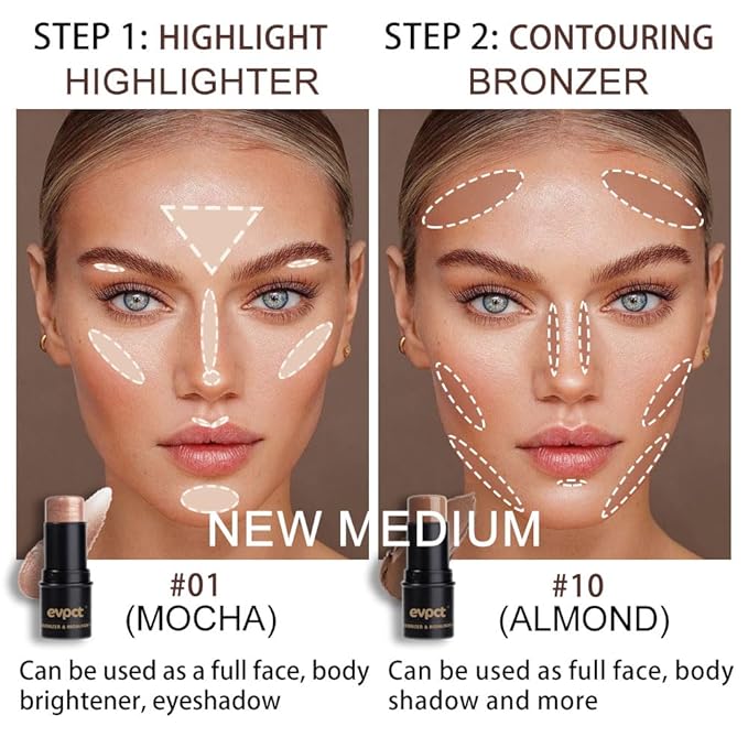 evpct 2Pcs Face Cream Contour Bronzer Sticks Makeup Highlighter Highlight Almond Mocha Creme Cheek Contour Sticks contorno en crema Bronzing Foundation Face Contour Stick Kit,1+10 New Medium-VivaGrace Women