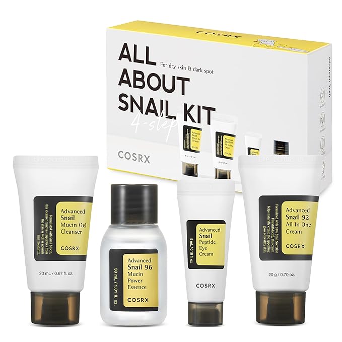 COSRX All About Snail Korean Skincare | TSA Approved Travel Size, Gift Set with Face Gel Cleanser, Essence, Cream & Eye-cream, Repairing, Recovering, Rejuvenating Kit with Snail Mucin, Korean Skincare-VivaGrace Women